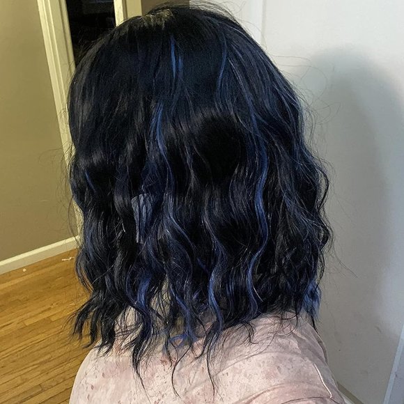 Women 14 Inches Black Mixed Blue Synthetic Short Curly Wigs with Bangs - Picture 14 of 15